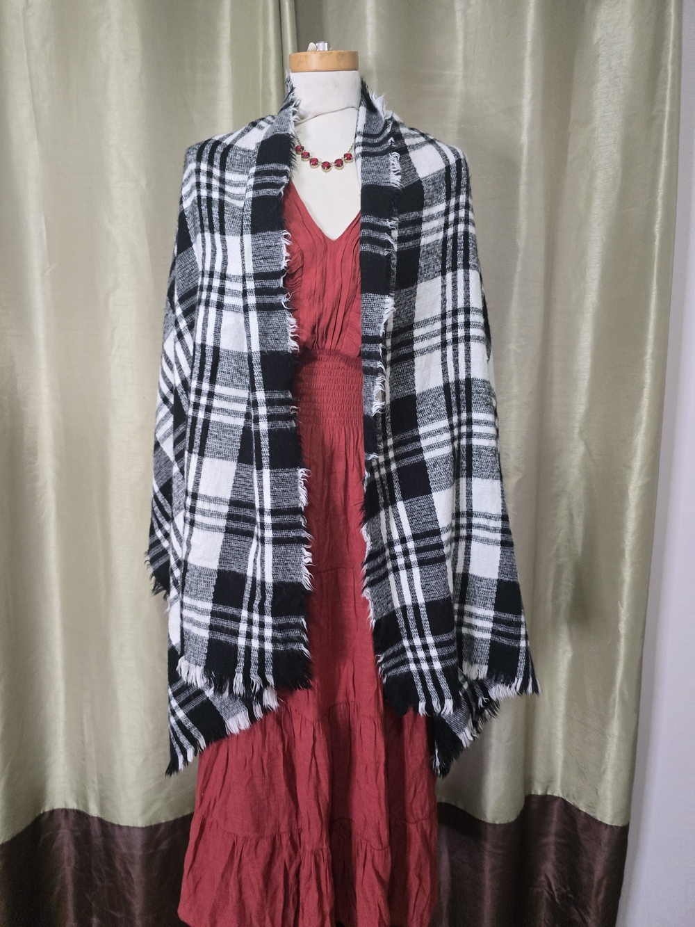 Black & White Plaid Fringe Shawl